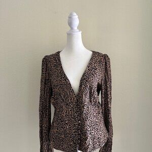 Reformation Nell Top Sz XL Cheetah Print Deep V-Neck Button Down Long Sleeve